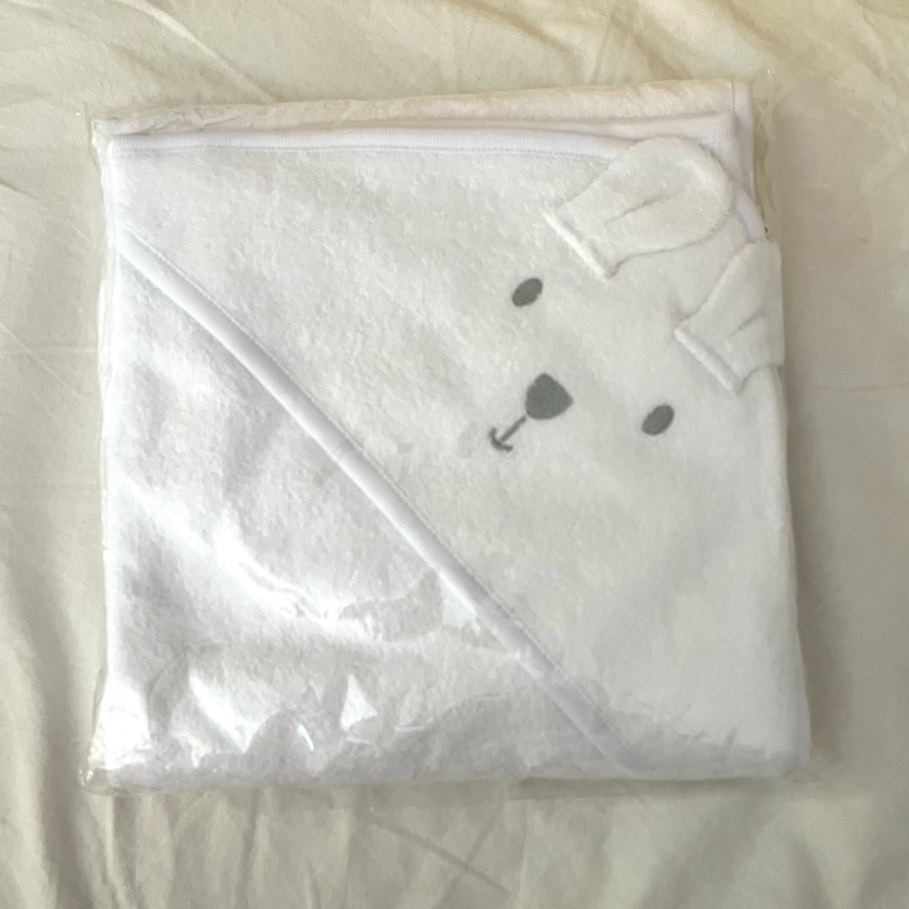White baby hooded bath towel with bunny ears